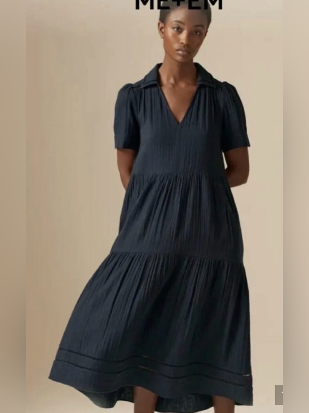 ME+EM Black V‑Neck Tiered Midi Dress